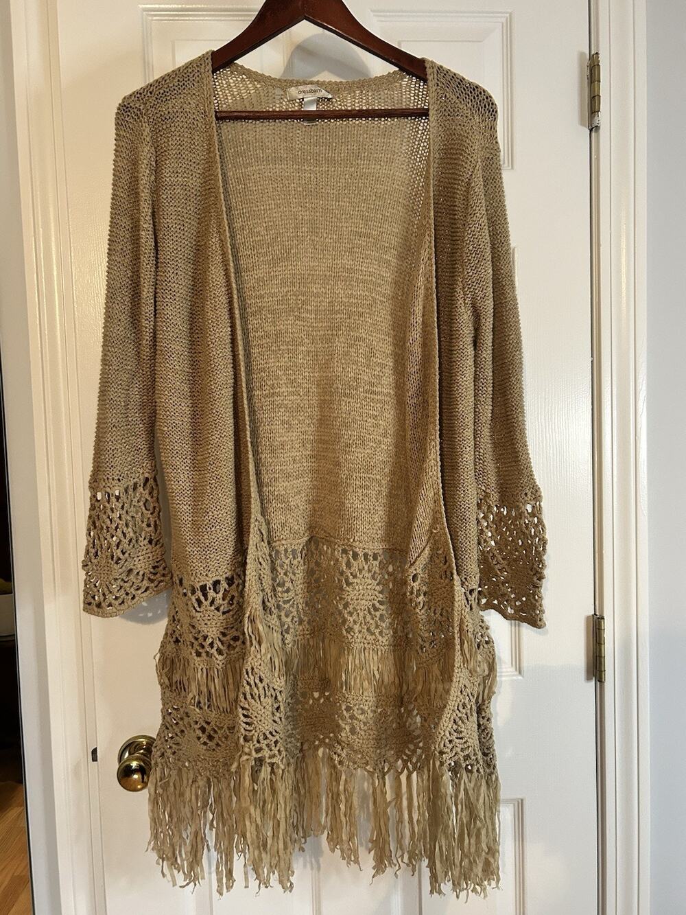Dressbarn Womens M Tan Crochet Fringe Longline Open Knit Duster Cardigan